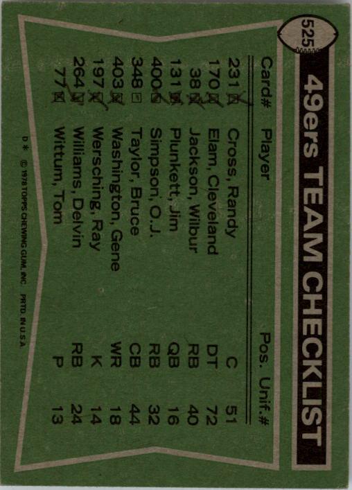 1978 Topps #525 San Francisco 49ers TL/Delvin Williams/Gene Washington/Mel  Phillips/Dave Washington/Cleveland Elam/(checklist back) - NM