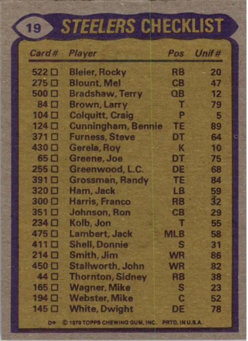 1979 Topps #19 Pittsburgh Steelers TL/Franco Harris/Larry Anderson/Tony Dungy/L.C. Greenwood/(checklist back) back image