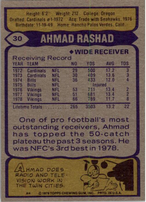 1979 Topps #30 Ahmad Rashad AP back image