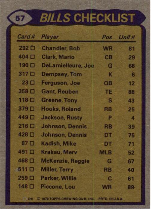 1979 Topps #57 Buffalo Bills TL/Terry Miller/Frank Lewis/Mario Clark/Lucius Sanford/(checklist back) back image
