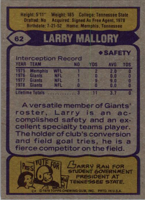 1979 Topps #62 Larry Mallory RC back image