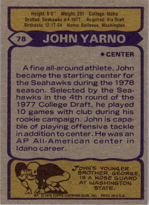 1979 Topps #78 John Yarno RC back image