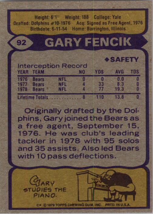 1979 Topps #92 Gary Fencik back image