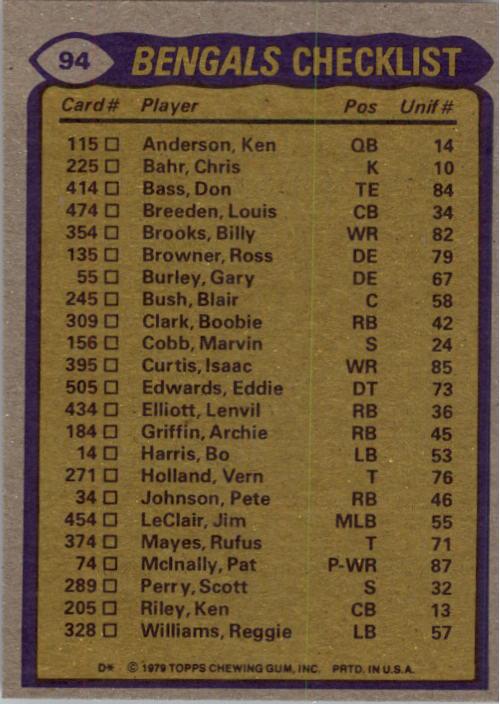 1979 Topps #94 Cincinnati Bengals TL/Pete Johnson/Isaac Curtis/Dick Jauron/Ross Browner/(checklist back) back image