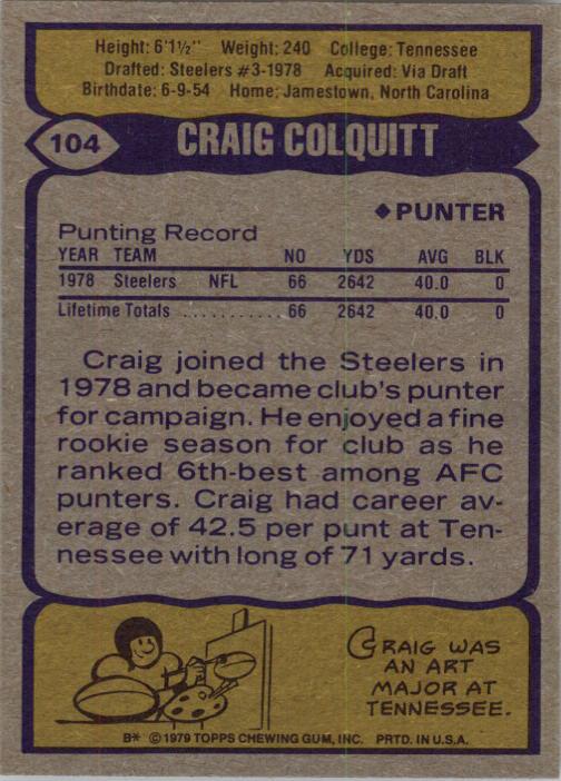 1979 Topps #104 Craig Colquitt RC back image