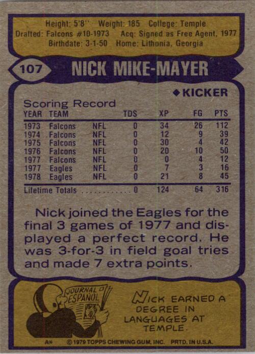 1979 Topps #107 Nick Mike-Mayer back image