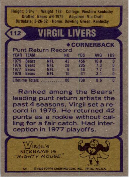 1979 Topps #112 Virgil Livers back image
