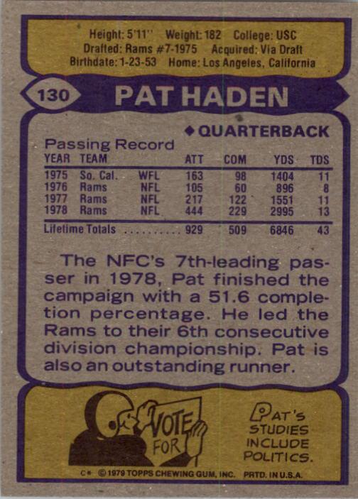 1979 Topps #130 Pat Haden back image