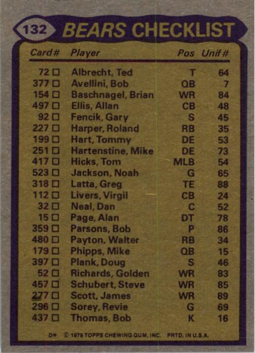1979 Topps #132 Chicago Bears TL/Walter Payton/James Scott/Gary Fencik/Alan Page/(checklist back) back image