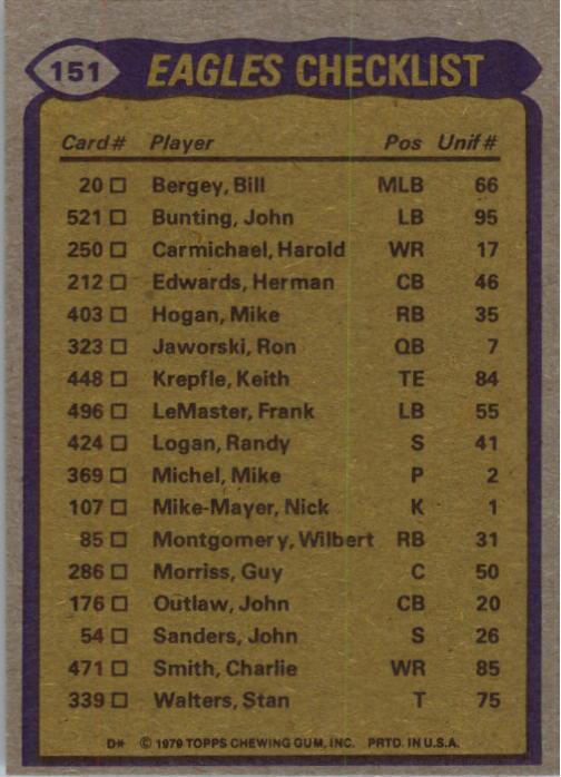 1979 Topps #151 Philadelphia Eagles TL/Wilbert Montgomery/Harold Carmichael/Herman Edwards/Dennis Harrison/(checklist back) back image