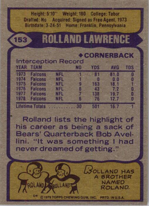 1979 Topps #153 Rolland Lawrence back image