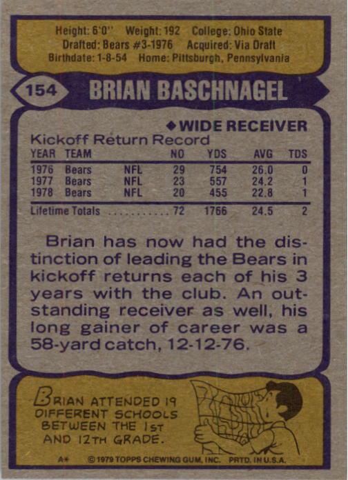 1979 Topps #154 Brian Baschnagel back image