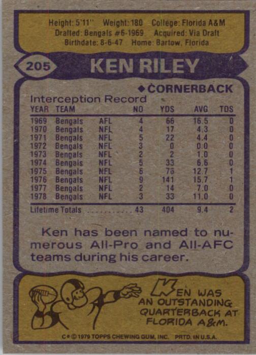 1979 Topps #205 Ken Riley back image