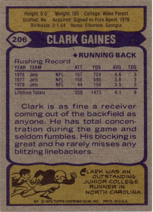 1979 Topps #206 Clark Gaines back image