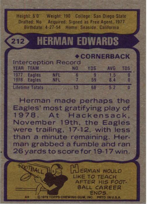1979 Topps #212 Herman Edwards back image