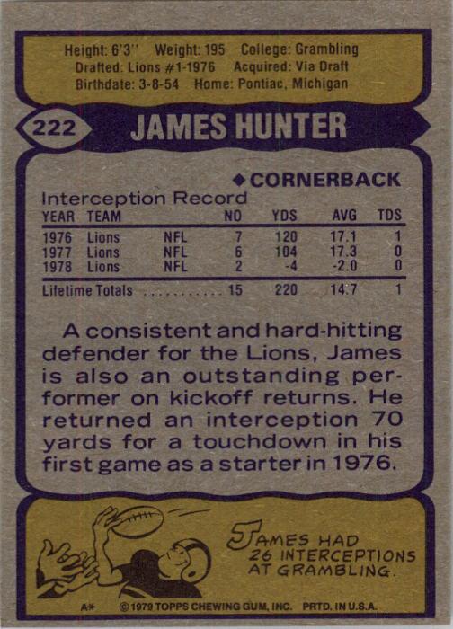 1979 Topps #222 James Hunter back image