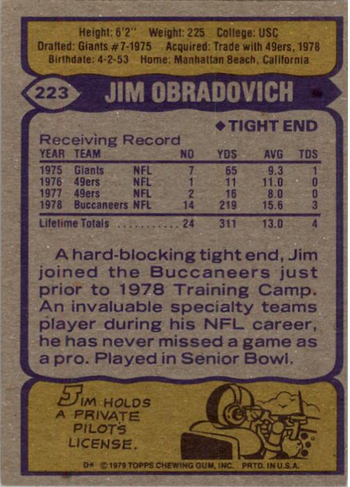 1979 Topps #223 Jim O'Bradovich RC back image