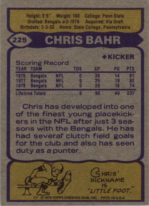 1979 Topps #225 Chris Bahr back image