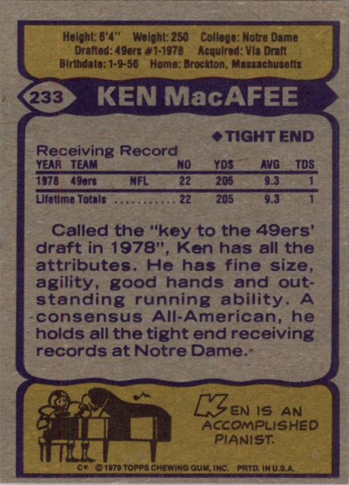 1979 Topps #233 Ken MacAfee RC back image