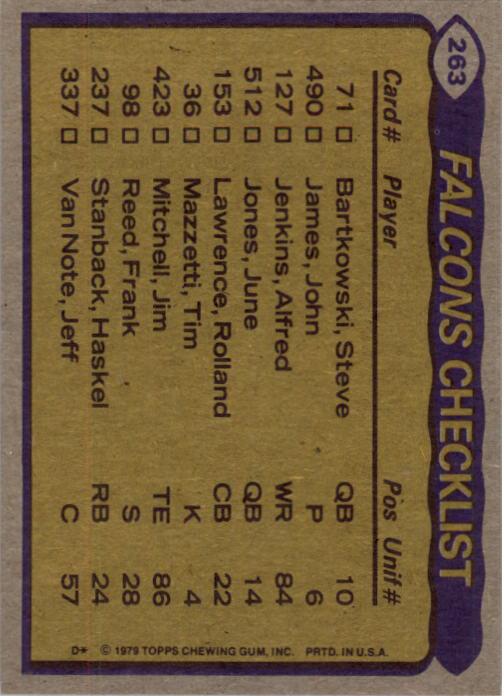 1979 Topps #263 Atlanta Falcons TL/Bubba Bean/Wallace Francis/Rolland Lawrence/Greg Brezina/(checklist back) back image