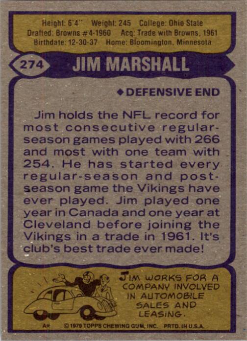 1979 Topps #274 Jim Marshall back image