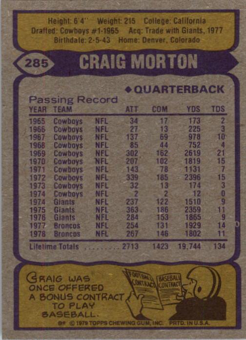 1979 Topps #285 Craig Morton back image