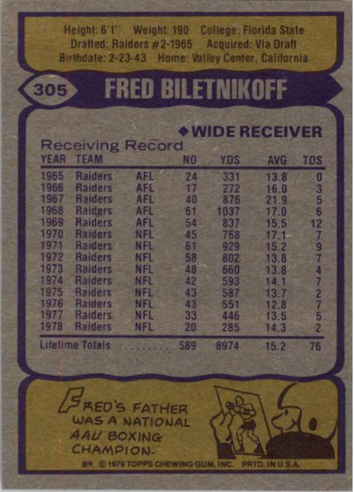 1979 Topps #305 Fred Biletnikoff back image