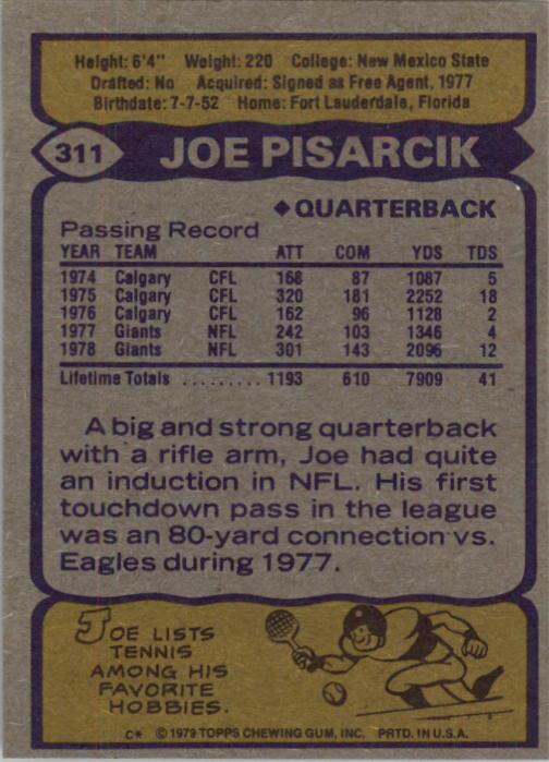 1979 Topps #311 Joe Pisarcik back image