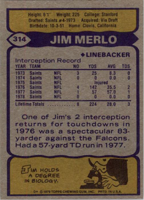 1979 Topps #314 Jim Merlo back image