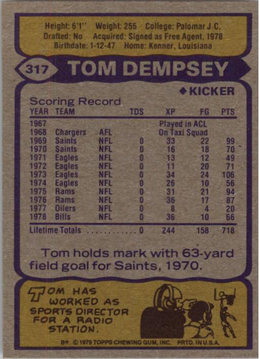 1979 Topps #317 Tom Dempsey back image