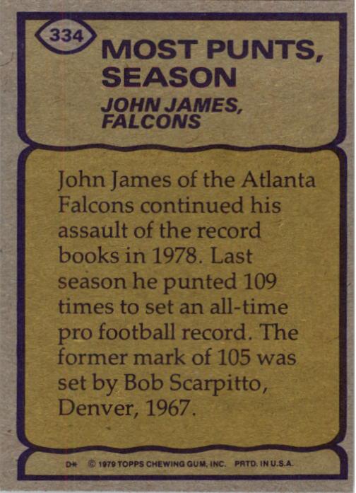 1979 Topps #334 John James RB/Most Punts& Season back image