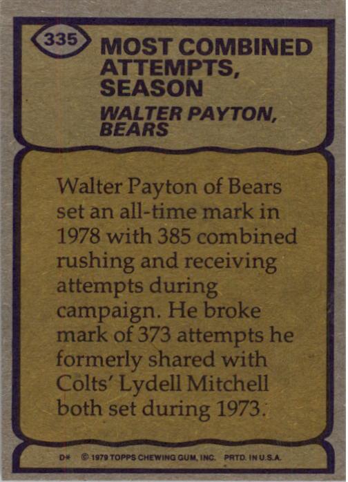 1979 Topps #335 Walter Payton RB/Most Combined/Attempts& Season back image