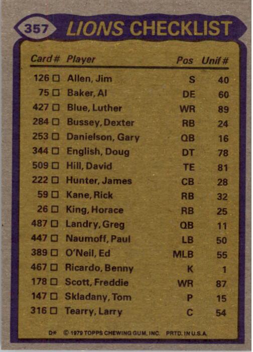 1979 Topps #357 Detroit Lions TL/Dexter Bussey/David Hill/Jim Allen/Al(Bubba) Baker/(checklist back) back image