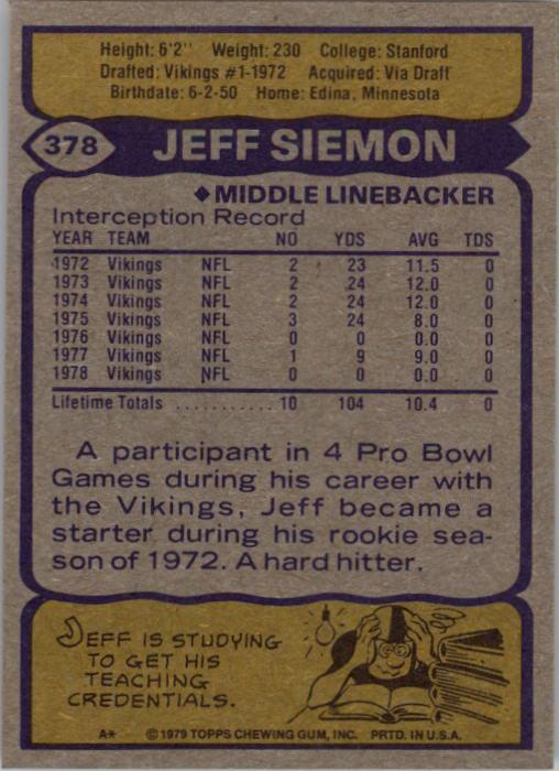 1979 Topps #378 Jeff Siemon back image