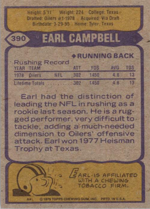 1979 Topps #390 Earl Campbell RC back image