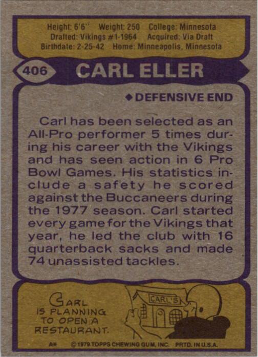 1979 Topps #406 Carl Eller back image