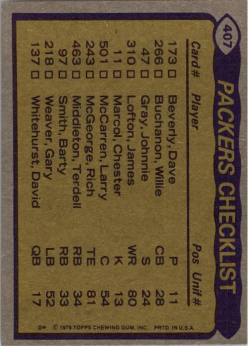 1979 Topps #407 Green Bay Packers TL/Terdell Middleton/James Lofton/Willie Buchanon/Ezra Johnson/(checklist back) back image