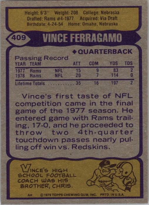 1979 Topps #409 Vince Ferragamo RC back image