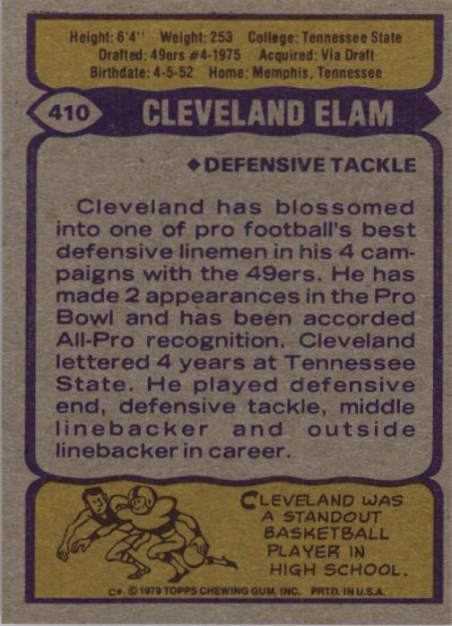 1979 Topps #410 Cleveland Elam back image
