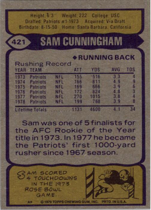 1979 Topps #421 Sam Cunningham back image