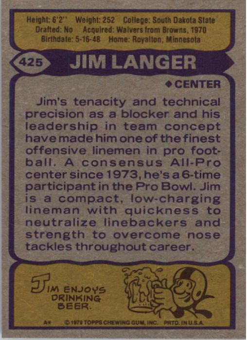 1979 Topps #425 Jim Langer back image