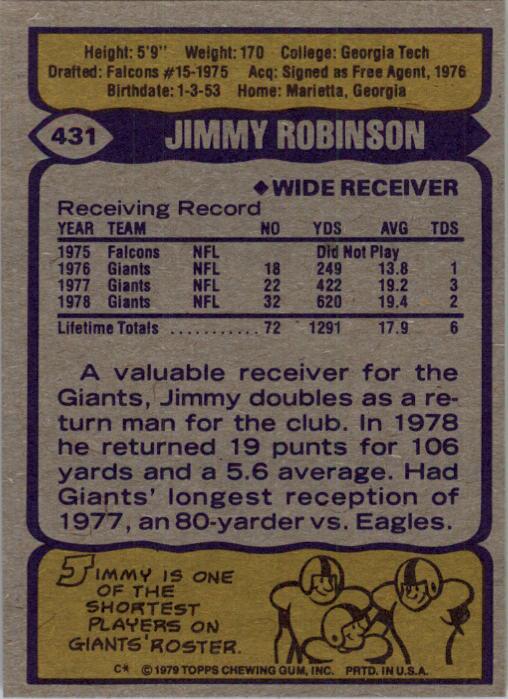 1979 Topps #431 Jimmy Robinson back image