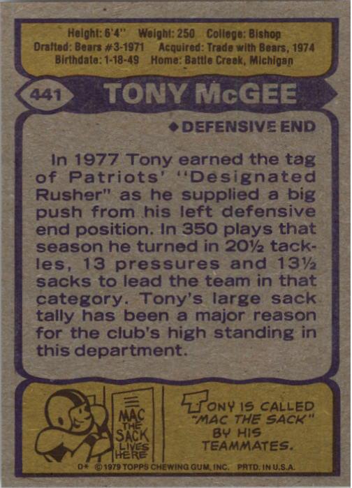1979 Topps #441 Tony McGee back image