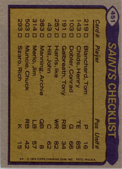 1979 Topps #451 New Orleans Saints TL/Tony Galbreath/Henry Childs/Tom Myers/Elex Price/(checklist back) back image