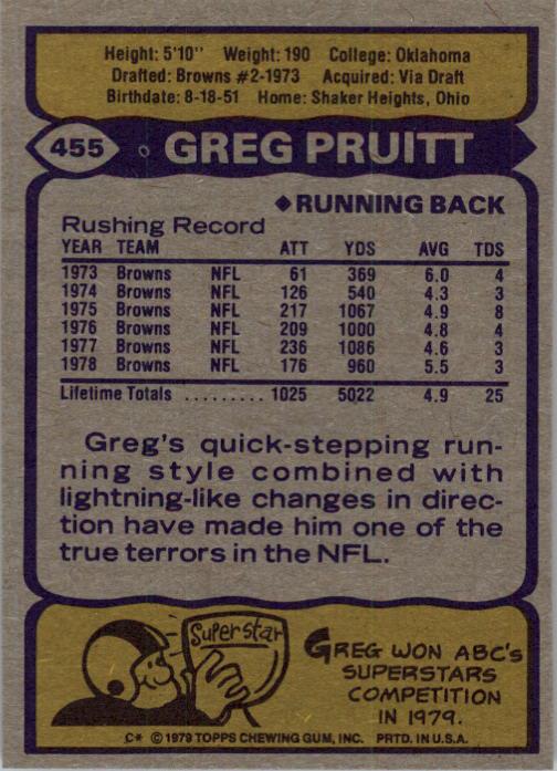 1979 Topps #455 Greg Pruitt back image