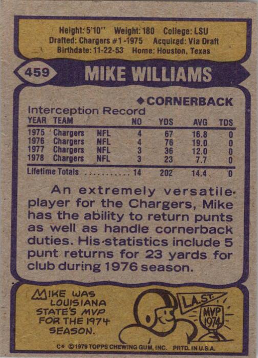 1979 Topps #459 Mike Williams back image