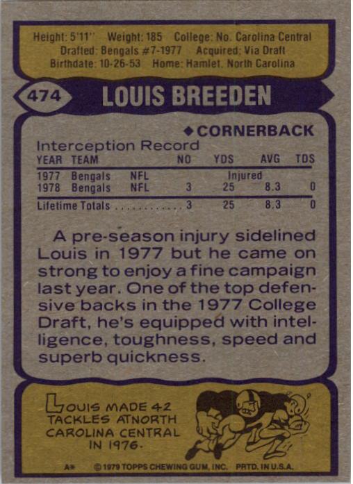 1979 Topps #474 Louis Breeden RC back image