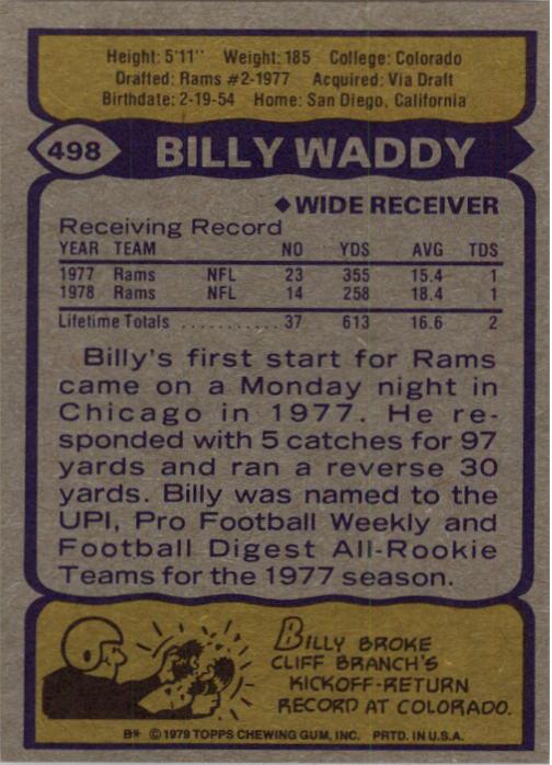 1979 Topps #498 Billy Waddy RC back image