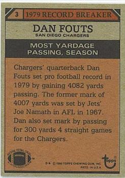 1980 Topps #3 Dan Fouts RB/Most Yardage/Passing: Season back image