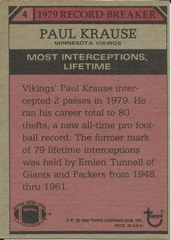 1980 Topps #4 Paul Krause RB/Most Interceptions/Lifetime back image